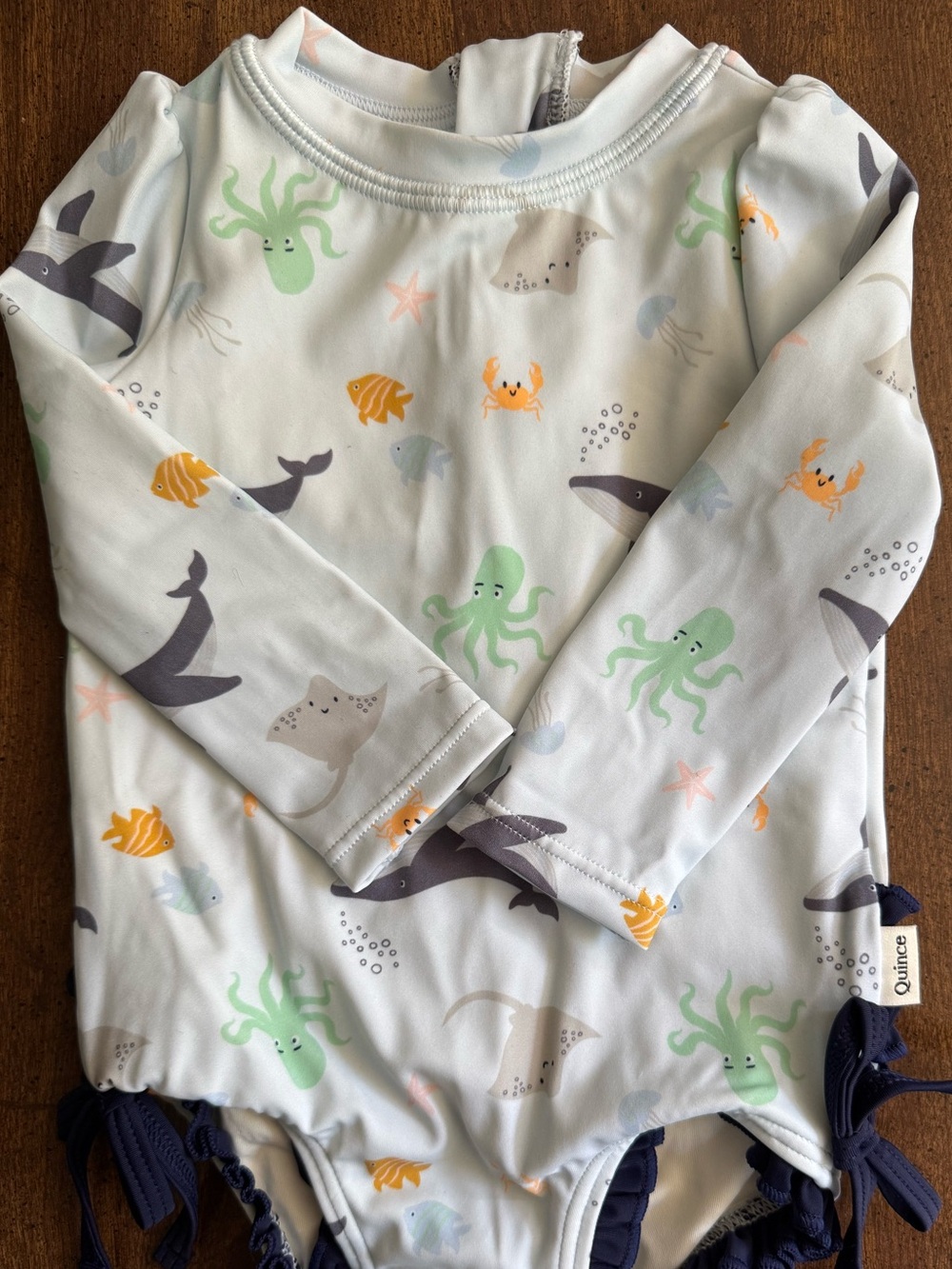 Quince Kids Sea Creatures Swim Romper in Navy and Cream
